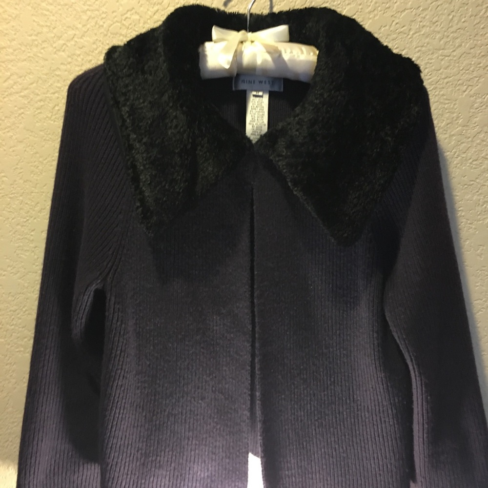9 West Wool Faux Fur Collar Sweater Jacket
